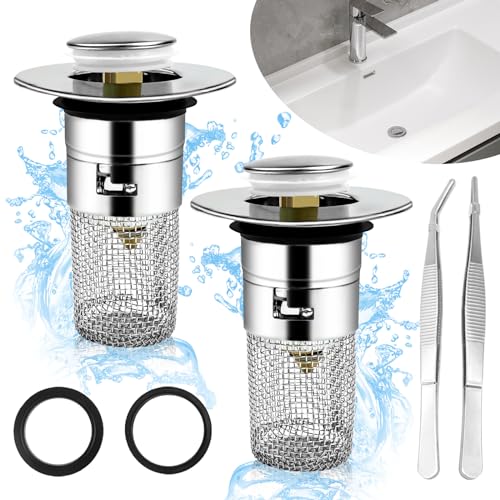 WaschbeckenstöPsel für 34-40mm Abfluss Ablauf, 2 Stück Universal Pop Up Abflusssieb Ablaufgarnitur Stöpsel Waschbecken, mit 2 Dichtungen und Pinzette, Abflussstopfen aus Messing, für Küche und Bad von PIWOSGOL