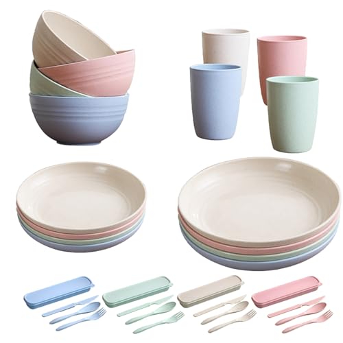 PIXESTT Camping Geschirr Set, Plastikgeschirr enthält 32 Geschirr, Das Outdoor Geschirrset in 4 Farben eignet sich für Familienessen, Picknick von PIXESTT