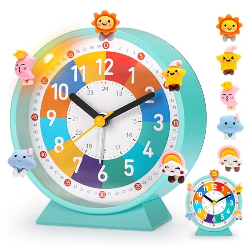 PIXESTT WeckerKinder, Kinderwecker für Schulanfänge, Kein Tickendes Geräusch, Mit Nachtlicht und Schlummerfunktion, Mit 5 Wecker-Dekoration, Geeignet für Das Lernen, Schlaf-Weck-Aufwachen B von PIXESTT