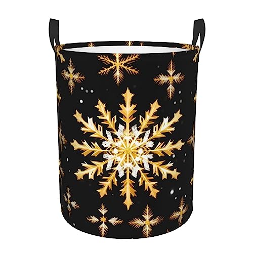 Golden Christmas Snowflake print Laundry Basket,Round Laundry Hamper, Dirty Clothes Storage Basket for Bedroom,Bathroom von PIXOLE