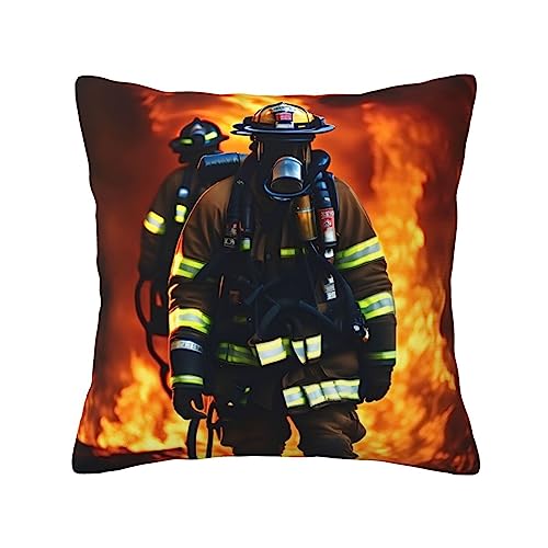 Kissenbezug mit Feuerwehrmann und Flammenaufdruck, weich, quadratisch, für Sofa, Couch, Bett, Stuhl, 45,7 x 45,7 cm von PIXOLE