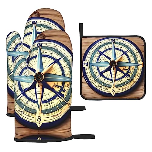 Maritimes Segelboot Kompass Druck Ofenhandschuhe Topflappen Set, Hot Pads, Grillhandschuhe, perfekt für Küche Kochen Backen von PIXOLE