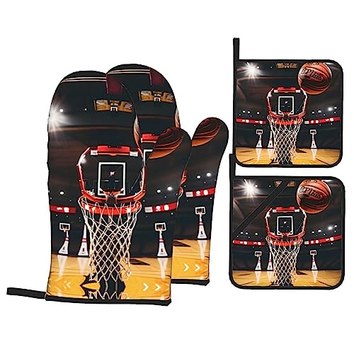 Ofenhandschuhe und Topflappen mit Basketball-Aufdruck, hitzebeständig, rutschfeste Oberfläche, weiches Innenfutter zum Kochen und Backen von PIXOLE