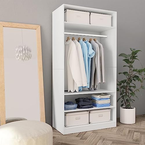 PIXZSSI Kleiderschrank Schlafzimmer Mehrzweckschrank Holzwerkstoff Funktionale Schrank mit 3 Kleine Fächer und 1 Großes Fach mit Hängestange für Andere Kleidung Weiß 100x50x200 cm von PIXZSSI