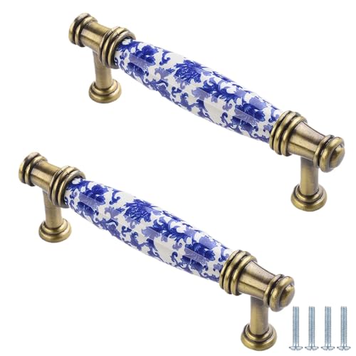 Küchenschrank Griffe 2 Stück Keramikgriffe Vintage-Schubladengriffe Aus Massivholz Schrankgriffe Geeignet Für Schlafzimmer Badezimmerschrank Küchenschranktür(Blaues Und Weißes Porzellan 128mm) von PIYYQNY