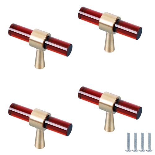 Möbelknöpfe Vintage 4 Stück Messing-Kristallgriffe Schranktürgriffe Aus Reinem Kupfer Schubladen-Kristallknöpfe Geeignet Für Kleiderschränke Schminktisch-Schubladendekoration(Rot Einzelloch 60mm) von PIYYQNY