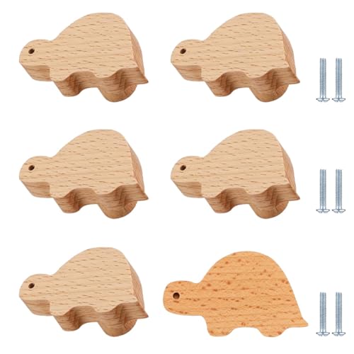 PIYYQNY 6 Stück, Kleiderschranktürgriffe aus Holz, Schubladenknöpfe mit Tiermotiv, geeignet für Kinderzimmer, Kommodenschubladen, Schranktüren (Buche, Schildkröte) von PIYYQNY