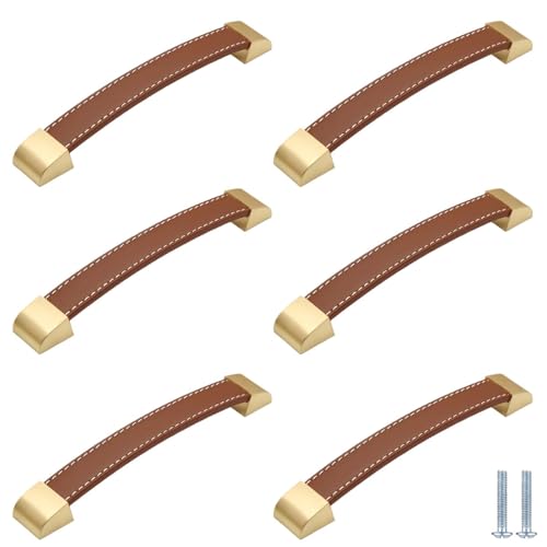 PIYYQNY 6 Stück, Schubladengriffe aus Leder, hellbraune Schrankgriffe aus Leder, geeignet für Küchen-, Möbel-, Kleiderschrank- und Badezimmerschubladen (Lochmitte 192 mm) von PIYYQNY