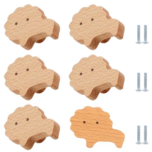 PIYYQNY Griffe Für Küchenschränke 6 Stück Schranktürgriffe Aus Holz Für Kinderzimmer Schubladenknöpfe Mit Cartoon-Tiermotiv Holzknöpfe Für Schranktüren Kommodenschubladen(Buche Löwe) von PIYYQNY