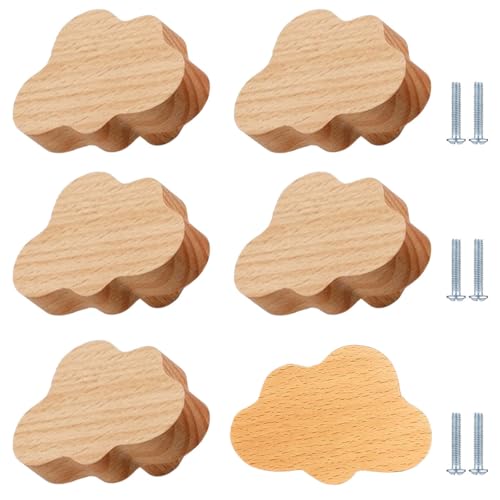 PIYYQNY Griffe Möbel 6 Stück Schranktürgriffe Aus Holz Für Kinderzimmer Schubladenknöpfe Mit Cartoon-Tiermotiv Holzknöpfe Für Schranktüren Kommodenschubladen(Buche Wolke) von PIYYQNY