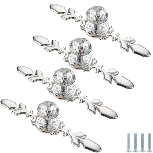 PIYYQNY Kommode Möbelknöpfe 4 Stück Schubladengriffe Aus Klarem Kristallglas Diamantgriffe Aus Glas Für Schränke Geeignet Für Badezimmertüren Küche Heimdekoration(Silber 120mm) von PIYYQNY