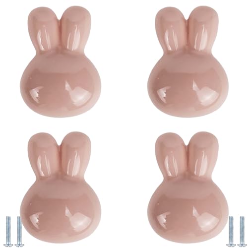 PIYYQNY Kommode Möbelknöpfe 4 Stück Süße Kaninchengriffe Schubladengriffe Für Kinderzimmer Schranktürknöpfe Geeignet Für Badezimmerschränke Schrank-Keramikgriffe(Pink 54mm) von PIYYQNY