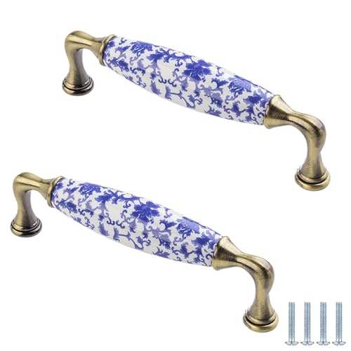 PIYYQNY Kommodenknöpfe 2 Stück Keramikgriffe Vintage-Schubladengriffe Aus Massivholz Schrankgriffe Geeignet Für Schlafzimmer Badezimmerschrank Küchenschranktür(Blaues Und Weißes Porzellan 128mm) von PIYYQNY