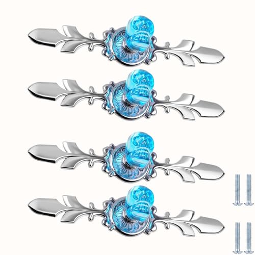 PIYYQNY Kommodenknöpfe 4 Stück Kristallglasknopf Möbelschubladengriff Mit Totenkopfmotiv Schranktürgriff Geeignet Für Küche Heimdekoration(Blau/Silber Einzelloch 170mm) von PIYYQNY