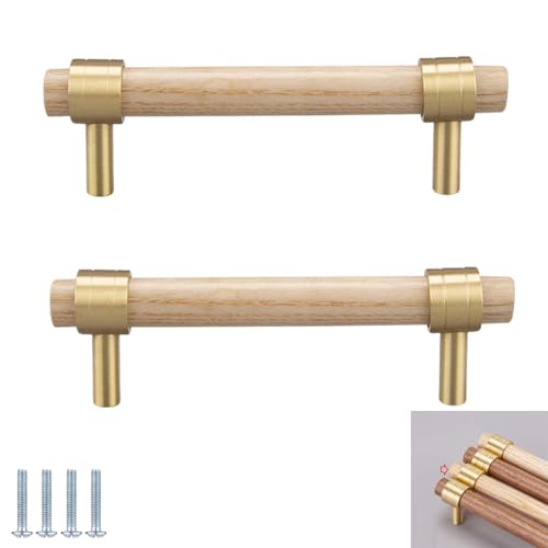 PIYYQNY Küchengriffe 2 Stück Küchenschrankgriffe Aus Naturholz Vintage-Garderobengriffe Messingsockel Mit Schrauben Geeignet Für Schranktüren Kommodenschubladen Küche(Buche Lochmitte 160mm) von PIYYQNY