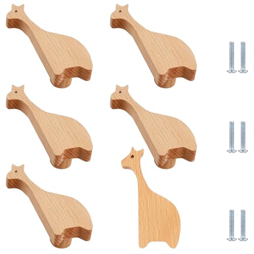PIYYQNY Küchengriffe 6 Stück Schranktürgriffe Aus Holz Für Kinderzimmer Schubladenknöpfe Mit Cartoon-Tiermotiv Holzknöpfe Für Schranktüren Kommodenschubladen(Buche Giraffe) von PIYYQNY