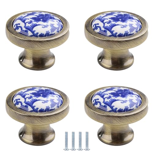 PIYYQNY Küchenknöpfe 4 Stück Keramikgriffe Vintage-Schubladengriffe Aus Massivholz Schrankgriffe Geeignet Für Schlafzimmer Badezimmerschrank Küchenschranktür(Blau-Weißes Porzellan 38mm) von PIYYQNY