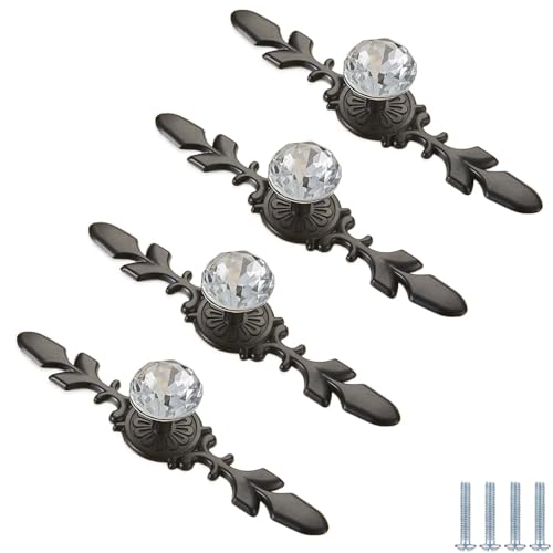 PIYYQNY Küchenknöpfe 4 Stück Schubladengriffe Aus Klarem Kristallglas Schrankgriffe Aus Glas Mit Diamanten Geeignet Für Badezimmerschranktüren Küche Heimdekoration(Schwarz 170mm) von PIYYQNY