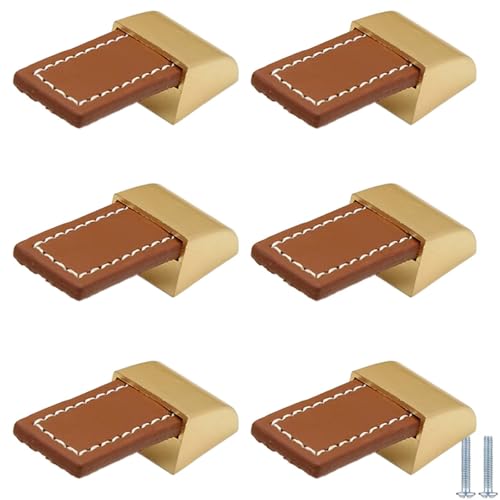 PIYYQNY Küchenknöpfe 6 Stück Ledergriff In Geschenkbox Schubladengriff Aus Goldenem Leder Geeignet Für Küchenschränke Kleiderschränke Badezimmerschubladen(Hellbraun 59mm) von PIYYQNY