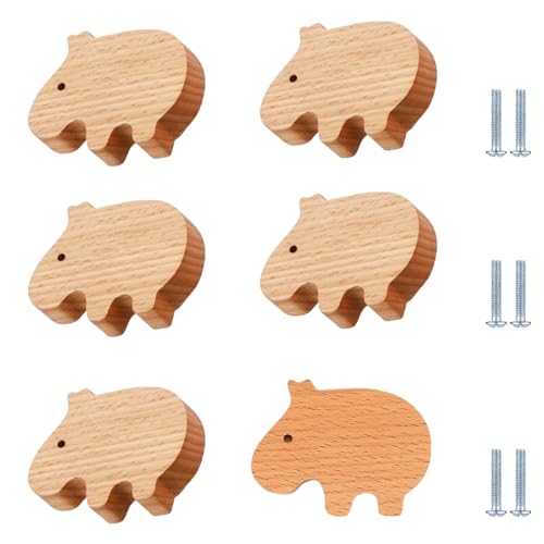 PIYYQNY Küchenschrank Griffe 6 Stück Schranktürgriffe Aus Holz Für Kinderzimmer Schubladenknöpfe Mit Cartoon-Tiermotiv Holzknöpfe Für Schranktüren Kommodenschubladen(Buche Nilpferd) von PIYYQNY