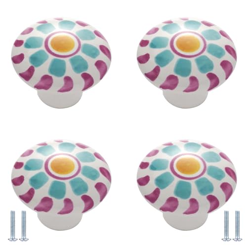 PIYYQNY Möbelgriffe 4 Stück Bedruckte Keramikknöpfe Runde Schubladengriffe Im Cartoon-Stil Geeignet Für Küchenschränke Badezimmerschränke Frisiertische(Rosa Blumen 38mm) von PIYYQNY