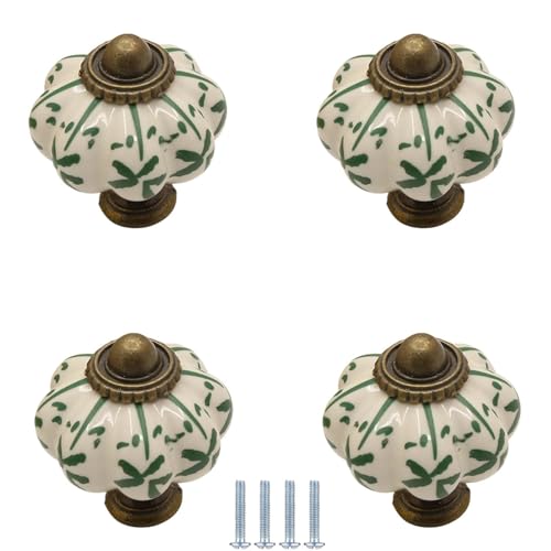 PIYYQNY Möbelgriffe Vintage 4 Stück Handbemalte Keramikknöpfe Kürbisgriffe Im Retro-Landhausstil Geeignet Für Kommodenschubladenknöpfe Kleiderschränke Küchenschränke(Grün 35mm) von PIYYQNY