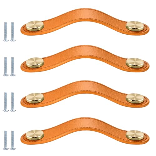 PIYYQNY Möbelknöpfe Vintage 4 Stück Schrankgriffe Aus Leder Ledergriffe Mit Kupfernieten Anti-Stoß-Griffe Für Kinderzimmer Doppelseitig Geeignet Für Küche Bad Kommodenschubladen(Orange 128mm) von PIYYQNY