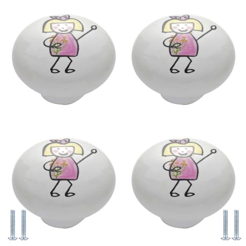 PIYYQNY Schrank-Griffe 4 Stück Bedruckte Keramikknöpfe Runde Schubladengriffe Im Cartoon-Stil Geeignet Für Küchenschränke Badezimmerschränke Frisiertische(Mädchen 38mm) von PIYYQNY