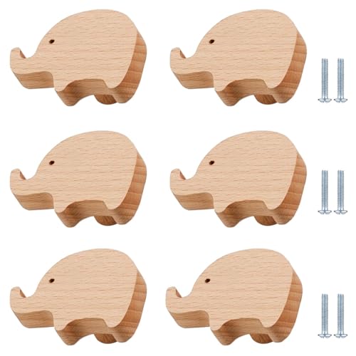 PIYYQNY Schrankgriffe 6 Stück Schranktürgriffe Aus Holz Für Kinderzimmer Schubladenknöpfe Mit Cartoon-Tiermotiv Holzknöpfe Für Schranktüren Kommodenschubladen(Buche Elefant) von PIYYQNY