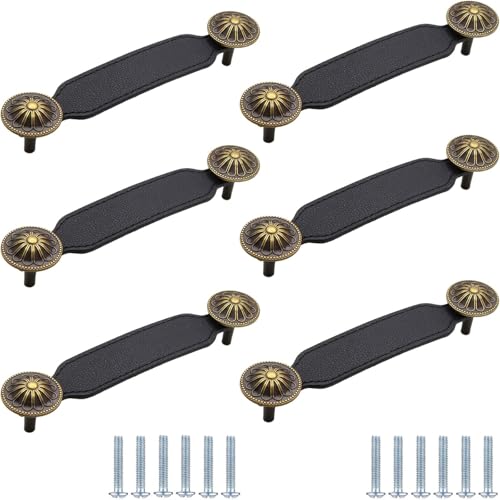 PIYYQNY Schrankgriffe 6 Stück Schranktürgriffe Aus Leder Schubladengriffe Aus Leder Geeignet Für Holzkisten Küche Möbelbeschläge(Schwarz Lochmitte 128mm) von PIYYQNY