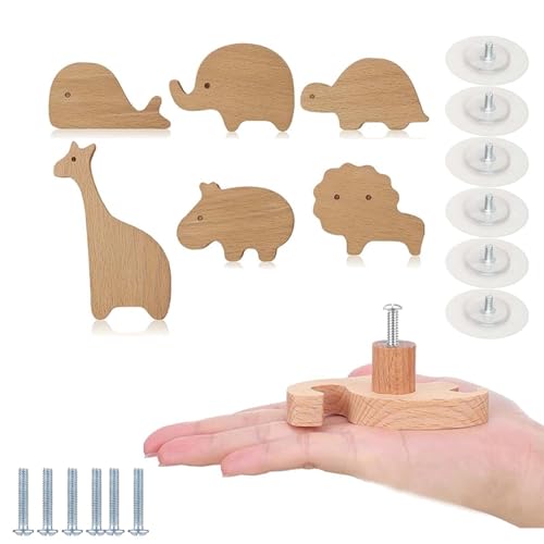 PIYYQNY Schrankgriffe Küchenschrankgriffe Aus Holz Mit Tiermotiven Griffe Aus Massivholz Im Cartoon-Stil Für Kleiderschrank Kinderzimmer Frisiertisch Heimdekoration(Zoo 6Er-Set) von PIYYQNY