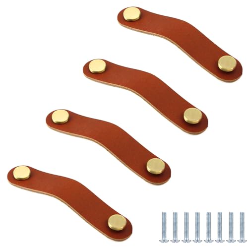 PIYYQNY Schrankknöpfe 4 Stück Schubladengriffe Aus Leder Kleiderschranktürgriff Aus Leder Geeignet Für Kinderzimmer Badezimmer Küchenschränke Und Kommoden(Braun 96mm) von PIYYQNY