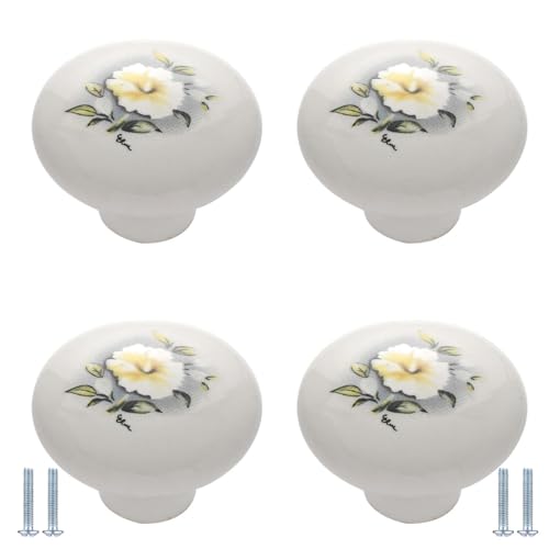 PIYYQNY Schubladen-Griffe 4 Stück Bedruckte Keramikknöpfe Runde Schubladengriffe Im Cartoon-Stil Geeignet Für Küchenschränke Badezimmerschränke Frisiertische(Weiße Kamelie 38mm) von PIYYQNY
