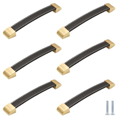 PIYYQNY Schubladen-Griffe 6 Stück Ledergriff In Geschenkbox Schubladengriff Aus Goldenem Leder Geeignet Für Küchenschränke Kleiderschränke Badezimmerschubladen(Schwarz Lochmitte 96mm) von PIYYQNY