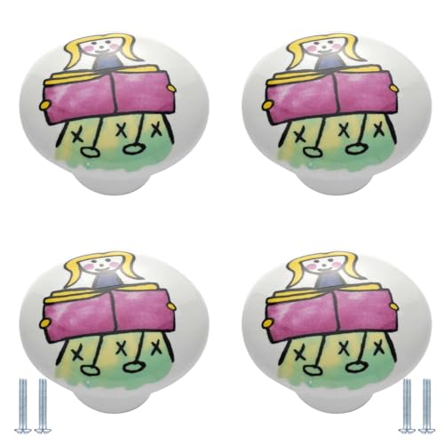 PIYYQNY Schubladengriff 4 Stück Bedruckte Keramikknöpfe Runde Schubladengriffe Im Cartoon-Stil Geeignet Für Küchenschränke Badezimmerschränke Frisiertische(Lesemädchen 38mm) von PIYYQNY