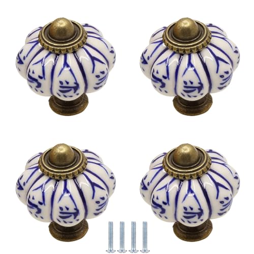 PIYYQNY Schubladengriff 4 Stück Handbemalte Keramikknöpfe Kürbisgriffe Im Retro-Landhausstil Geeignet Für Kommodenschubladenknöpfe Kleiderschränke Küchenschränke(Blau 35mm) von PIYYQNY