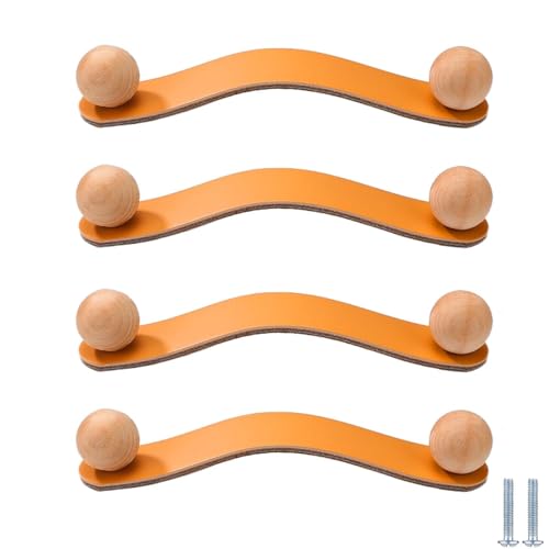 PIYYQNY Schubladengriff 4 Stück Handgefertigte Schranktürgriffe Aus Leder Schubladengriffe Aus Holz Für Kinderzimmer Schrankknöpfe Aus Leder Geeignet Für Kleiderschränke Heimdekoration(128mm Orange) von PIYYQNY