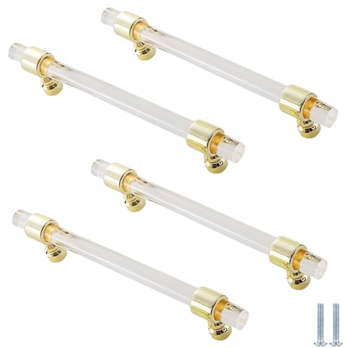 PIYYQNY Schubladengriff 4 Stück Schrankgriffe Aus Klarem Kristall Kristallgriffe Für Kommodenschubladen Geeignet Für Schranktüren Küchen Möbeldekoration(Gold Lochmitte 128mm) von PIYYQNY