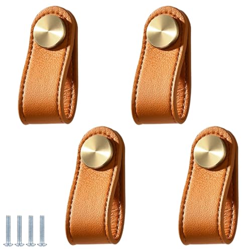 PIYYQNY Schubladengriff 4 Stück Schrankgriffe Aus Leder Ledergriffe Mit Kupfernieten Anti-Stoß-Griffe Für Kinderzimmer Doppelseitig Geeignet Für Küche Bad Schminktischschubladen(Orange 60mm) von PIYYQNY