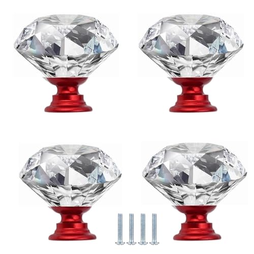 PIYYQNY Schubladengriff 4 Stück Schubladenknopf Aus Kristallglas Kleiner Griff Für Schranktüren Transparenter Kristallglasknopf Geeignet Für Frisiertisch Kleiderschrank Bücherregal(Rot 30mm) von PIYYQNY