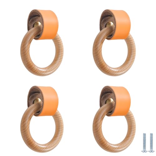 PIYYQNY Schubladengriffe 4 Stück Schubladenknöpfe Aus Massivholz Ledergriffe Für Kinderzimmer Geeignet Für Küchenschränke Badezimmerschränke Frisiertischschubladen(Orange 90mm) von PIYYQNY