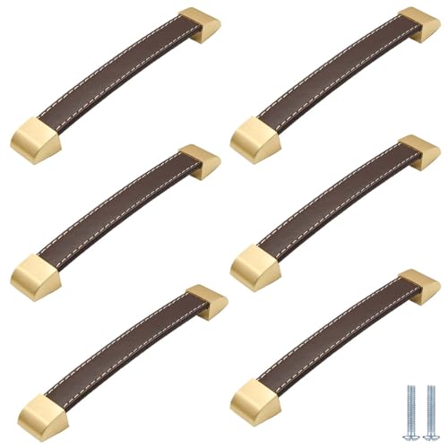 PIYYQNY Schubladengriffe 6 Stück Ledergriff In Geschenkbox Schubladengriff Aus Goldenem Leder Geeignet Für Küchenschränke Kleiderschränke Badezimmerschubladen(Dunkelbraun Lochmitte 192mm) von PIYYQNY