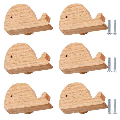 PIYYQNY Schubladengriffe 6 Stück Schranktürgriffe Aus Holz Für Kinderzimmer Schubladenknöpfe Mit Cartoon-Tiermotiv Holzknöpfe Für Schranktüren Kommodenschubladen(Buche Wal) von PIYYQNY