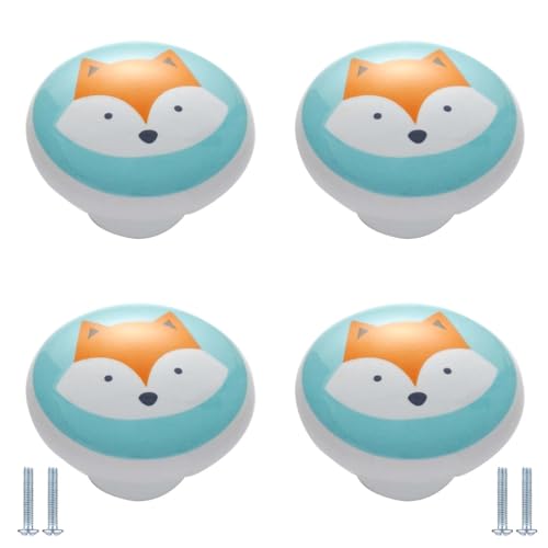 PIYYQNY Schubladenknauf Griff 4 Stück Keramikknöpfe Im Cartoon-Stil Runde Schubladengriffe Schrankknöpfe Geeignet Für Schranktüren Badezimmerschränke Frisiertischschubladen(Fuchs 38mm) von PIYYQNY