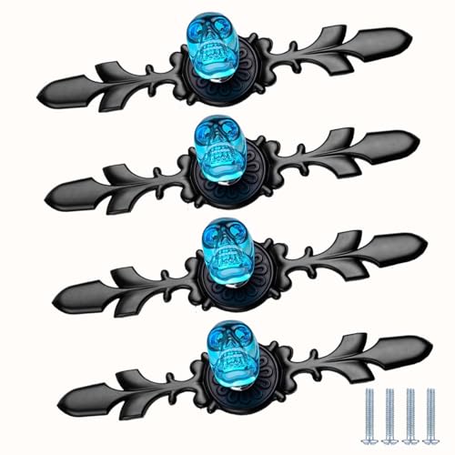 PIYYQNY Schubladenknauf Griff 4 Stück Kristallglasknopf Möbelschubladengriff Mit Totenkopfmotiv Schranktürgriff Geeignet Für Küche Heimdekoration(Blau/Schwarz Einzelloch 170mm) von PIYYQNY
