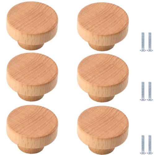 PIYYQNY Schubladenknöpfe 6 Stück Runde Schrankknöpfe Aus Holz Griffe Aus Massivholz Für Kleiderschranktüren Im Kinderzimmer Mit Schrauben Geeignet Für Kommodenschubladen Schrankbeschläge(Buche 40mm) von PIYYQNY