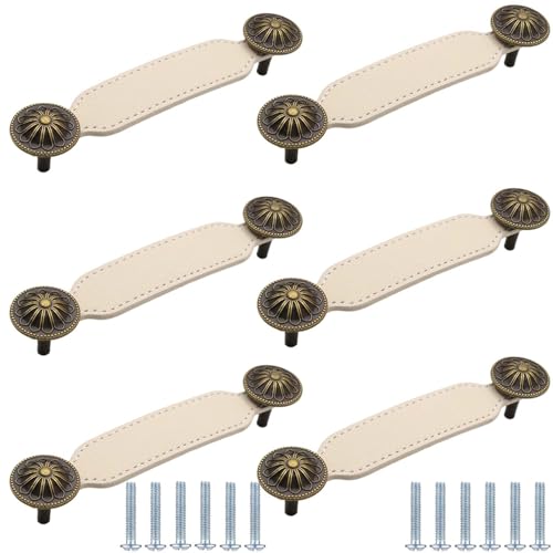 PIYYQNY Türgriffe Küche 6 Stück Schranktürgriffe Aus Leder Schubladengriffe Aus Leder Geeignet Für Holzkisten Küchen Möbelbeschläge(Weiß Lochmitte 128mm) von PIYYQNY