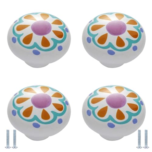 PIYYQNY Türgriffe Schrank 4 Stück Bedruckte Keramikknöpfe Runde Schubladengriffe Im Cartoon-Stil Geeignet Für Küchenschränke Badezimmerschränke Frisiertische(Gelbe Blumen 38mm) von PIYYQNY