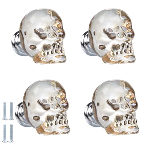 PIYYQNY Türgriffe Schrank 4 Stück Totenkopfknauf Aus Kristall Kleiderschrankgriff Aus Klarem Glas Geeignet Für Möbelschubladen Badezimmerschränke Heimdekoration(Champagnerfarbe 37mm) von PIYYQNY