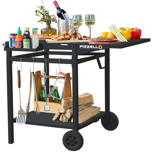 PIZZELLO Outdoor Grill Esswagen Beweglicher Pizzaofen Trolley BBQ Ständer Doppel Regal Outdoor Arbeitstisch mit 2 Rollen und 4 Haken von PIZZELLO